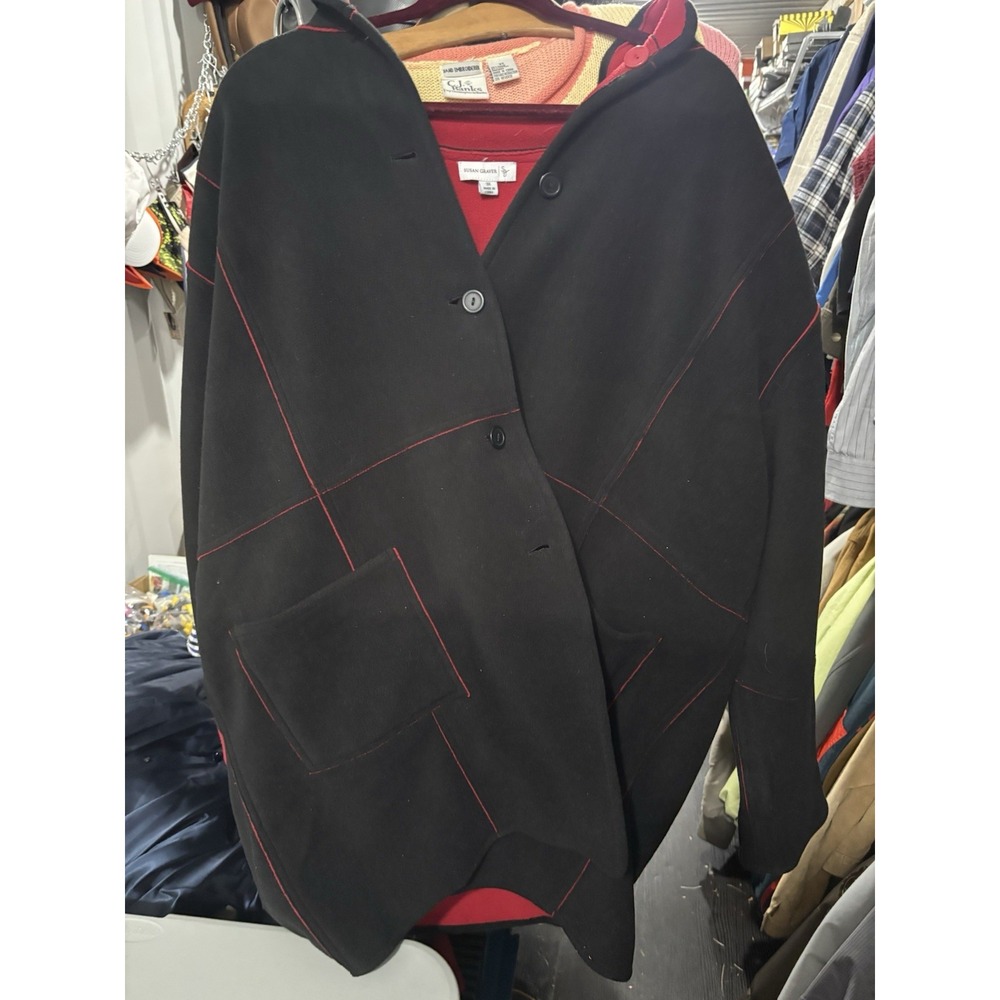 Susan Graver Women's 3X Black/Red Button Front Hooded Fleece Jacket Coat